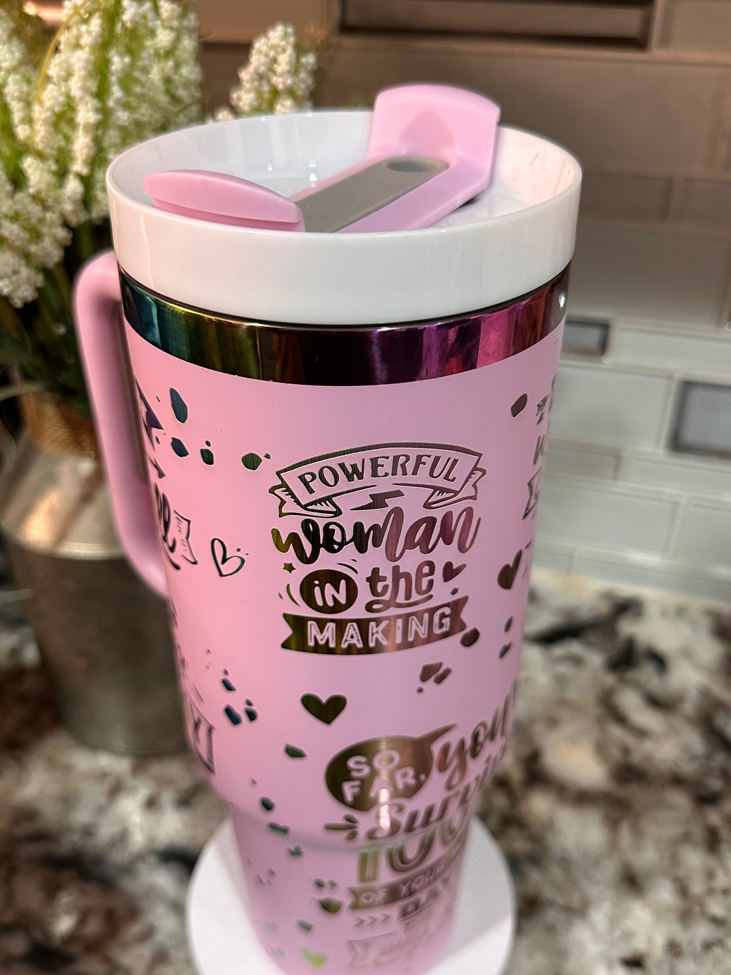 POWERFUL WOMAN 40 oz Stainless Steel TUMBLER- RAINBOW Plated, Double Walled Vacuum Insulated