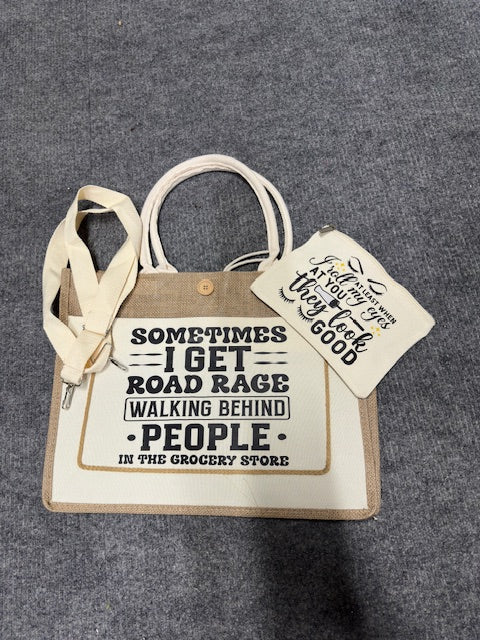 Burlap canvas bag with matching cosmetic bag (multiple)