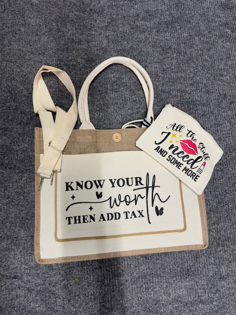 Burlap canvas bag with matching cosmetic bag (multiple)