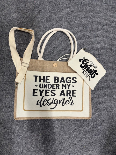 Burlap canvas bag with matching cosmetic bag (multiple)