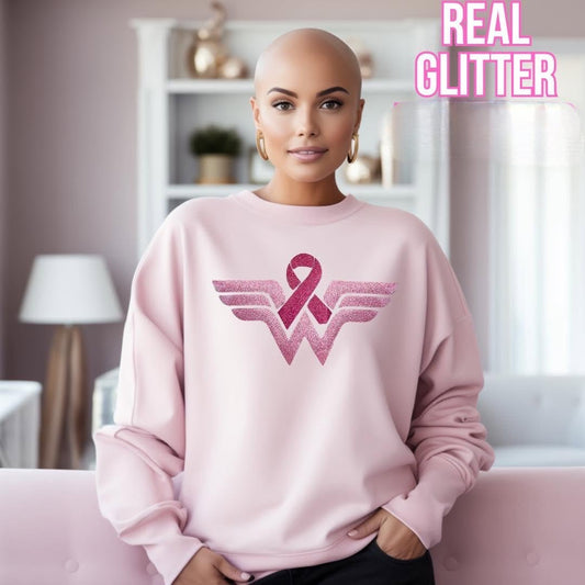 Wonder Woman Tee, Unisex Tee, Breast Cancer Awareness, Real Glitter