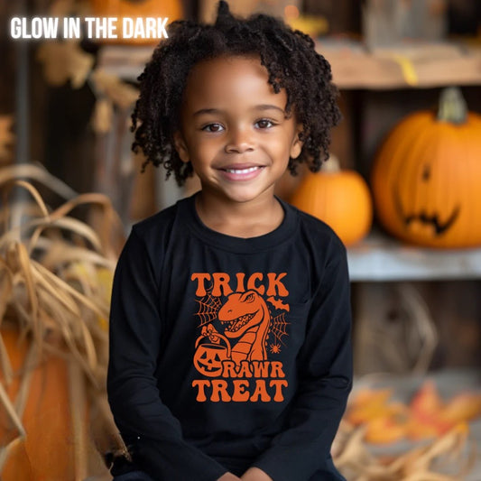 Single Color Screen Print- Trick Rawr Treat, Glow in the Dark (youth)
