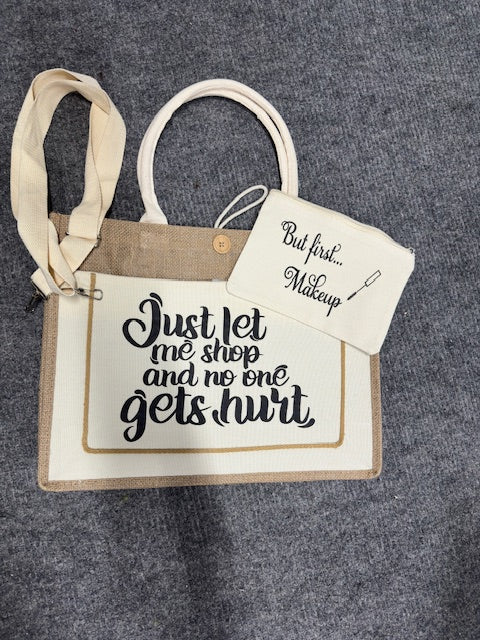 Burlap canvas bag with matching cosmetic bag (multiple)